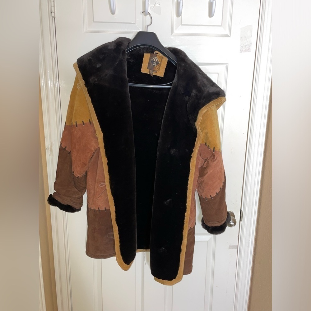 Women's Vintage Heavy G3 Suede Leather Coat with Black Faux Fur Collar Medium - Picture 8 of 13